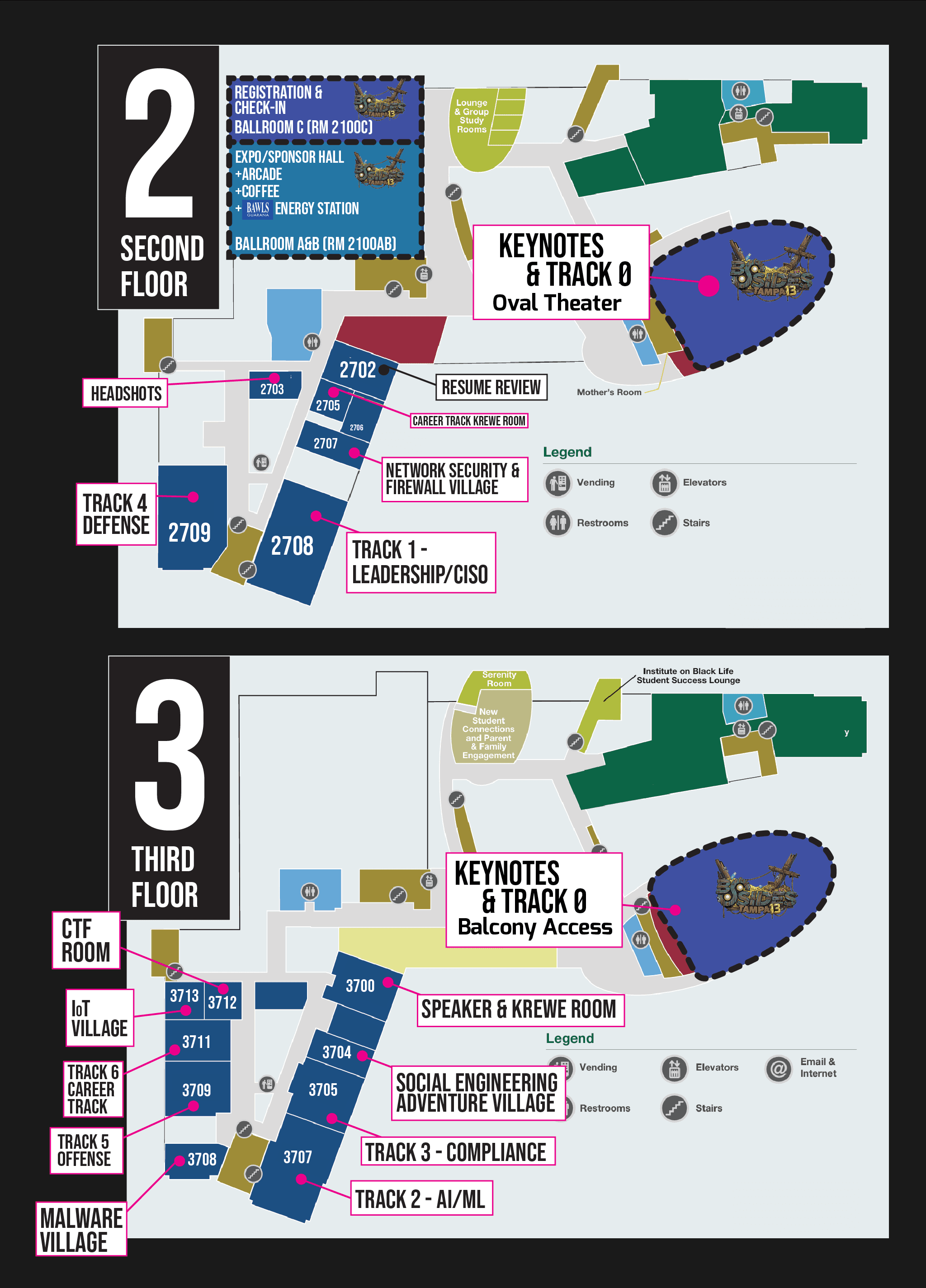USF Marshall Student Center floor plan. Second floor includes registration and check-in at Ballroom C (RM 2100C), the expo and sponsor hall at Ballroom A&B (RM 2100AB), Track 0 keynotes in the Oval Theater, Track 1 Leadership/CISO (RM 2708), Track 4 Defense (RM 2709), the Network Security and Firewall Village, plus headshots and resume review. Third floor includes Track 2 AI/ML (RM 3707), Track 3 Compliance (RM 3705), Track 5 Offense (RM 3709), Track 6 Career Track (RM 3711), the Speaker and Krewe Room (RM 3704), the CTF Room, the IoT Village (RM 3712), the Malware Village (RM 3708), and the Social Engineering Adventure Village (RM 3700).