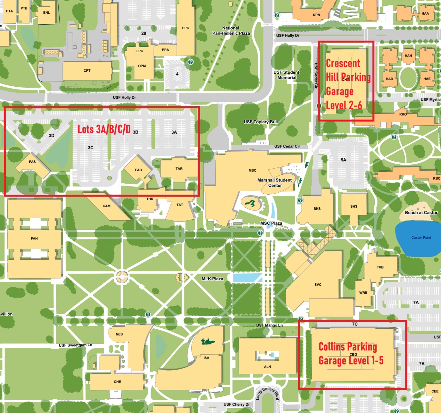 USF campus parking map. Crescent Hill Parking Garage (levels 2 through 6) is northeast of the Marshall Student Center. Collins Boulevard Parking Garage (all levels) is south of the venue. Surface lots 3A, 3B, 3C, and 3D are west of the Marshall Student Center.